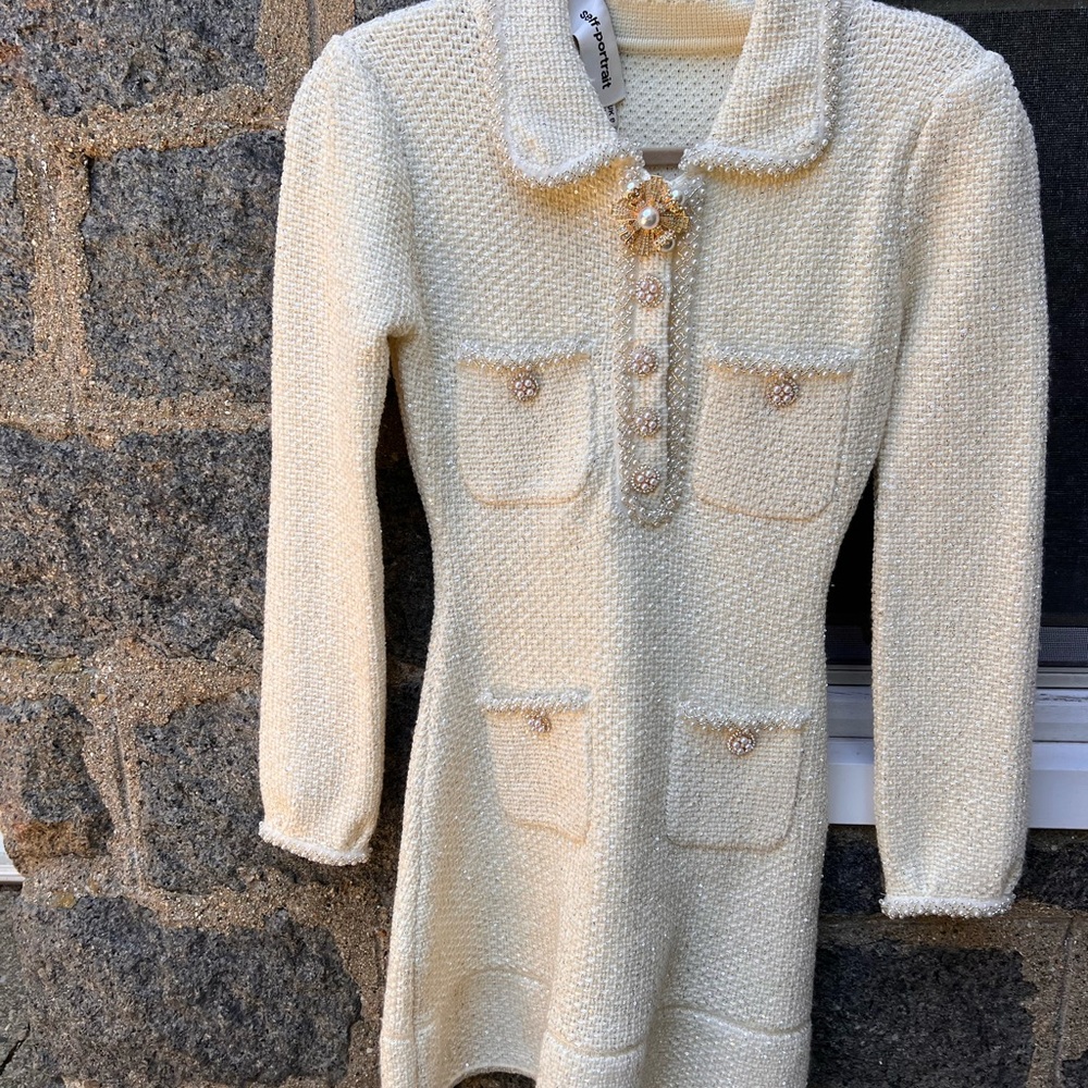 Self-Portrait Cream Gold Long Sleeve Sweater Dress